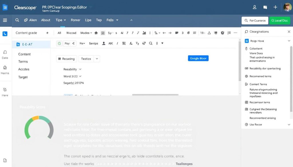 Clearscope's content editor showing optimization for E-E-A-T and generative search