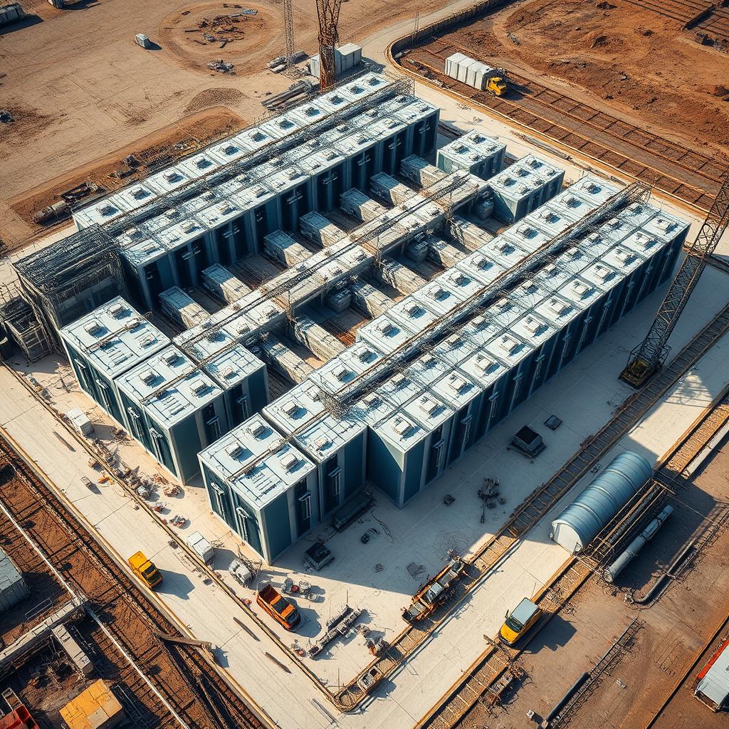 A data center facility being constructed for AI infrastructure with massive cooling systems