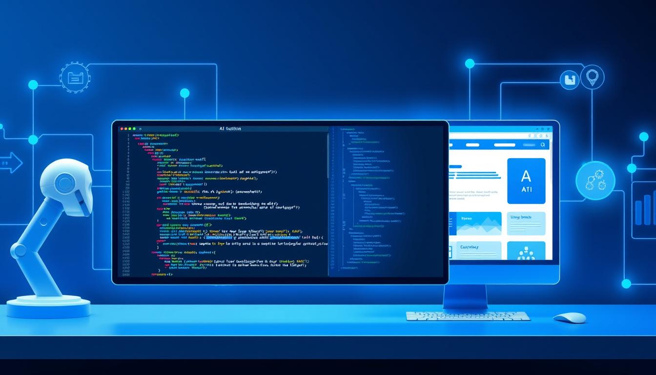 AI-driven web development tools showing code generation and automated processes