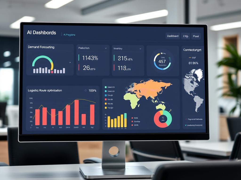 AI-powered supply chain optimization dashboard showing demand forecasting, inventory management, and logistics optimization