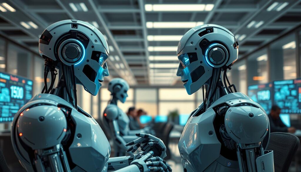 AI robots replacing human workers in an office setting, showing the top 5 jobs AI will replace by 2026
