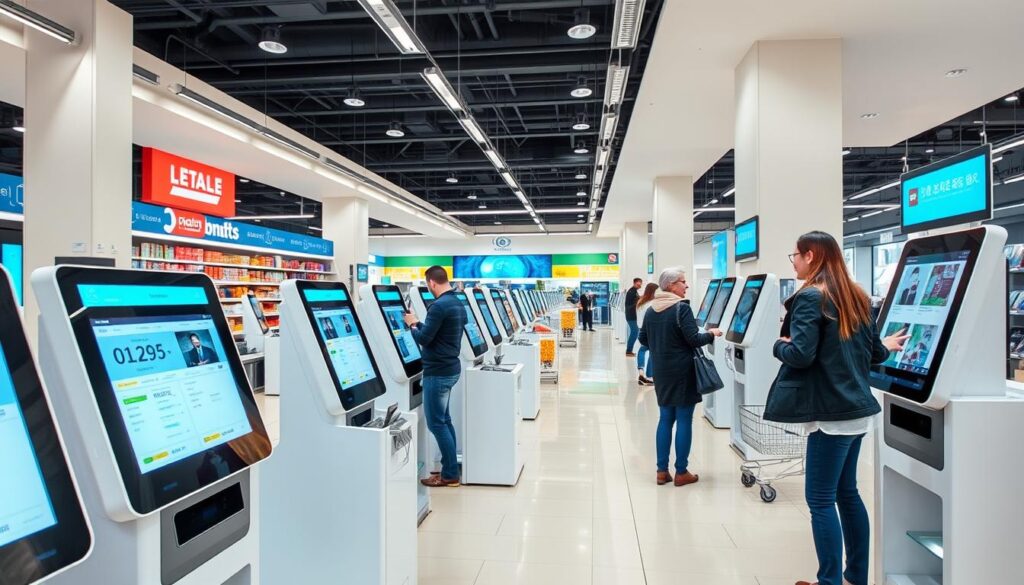 Automated checkout systems replacing traditional cashiers in retail stores