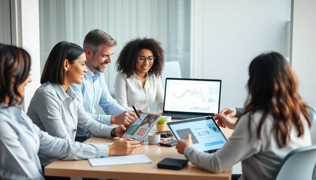 Business professionals implementing small & efficient AI models in a collaborative environment