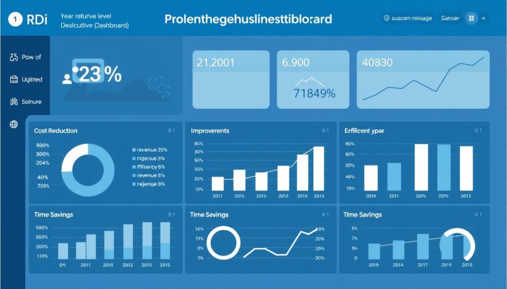 Dashboard showing key ROI metrics from AI implementation across different business functions