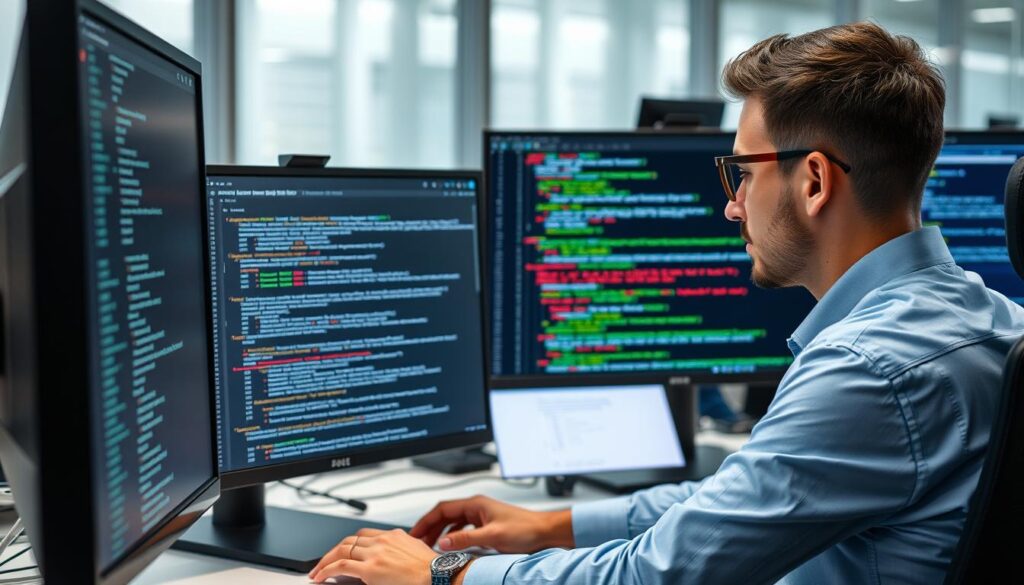 Developer reviewing AI-generated code with caution
