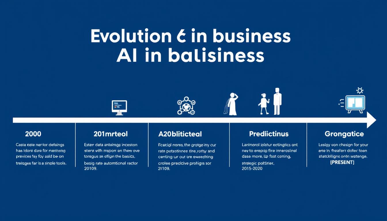Evolution of AI from basic tools to strategic business partner showing progression through data analysis, automation, prediction, and collaboration phases