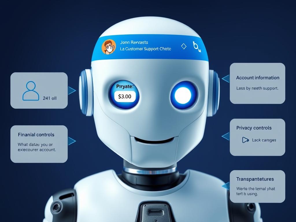 Financial services chatbot interface showing personalized customer support with privacy controls and transparency features