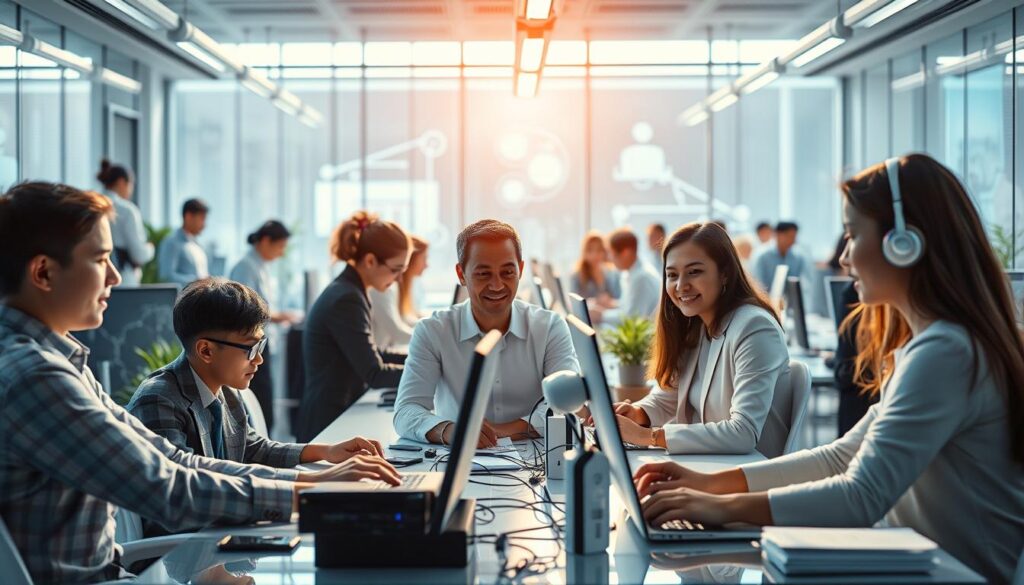 Future workplace showing humans and AI systems working together harmoniously