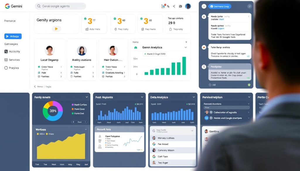 Google Gemini Enterprise interface showing unified AI dashboard with agent orchestration and business analytics
