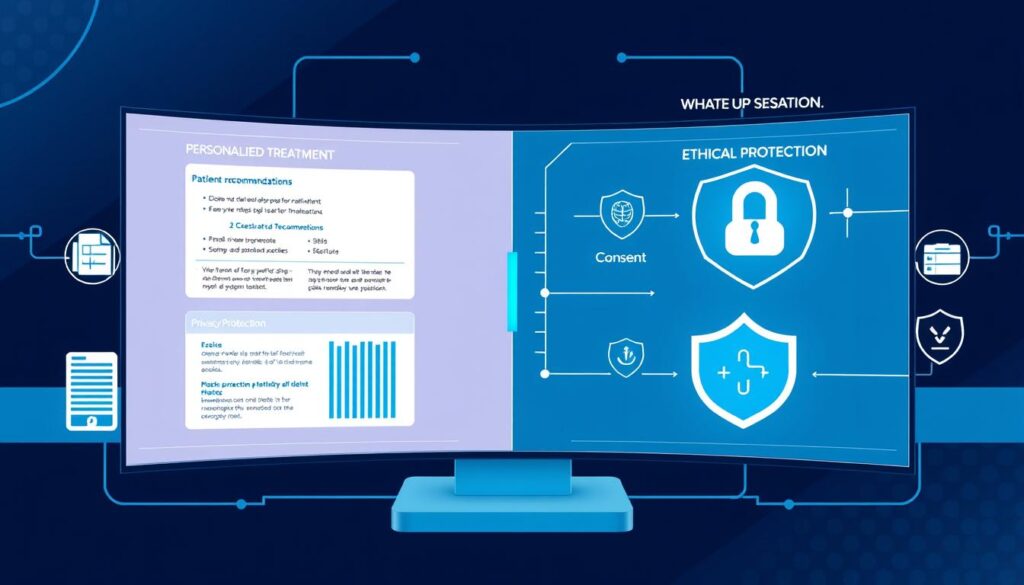 Healthcare AI system analyzing patient data with ethical considerations highlighted, showing the balance between personalized medicine and privacy protection in Ethical AI