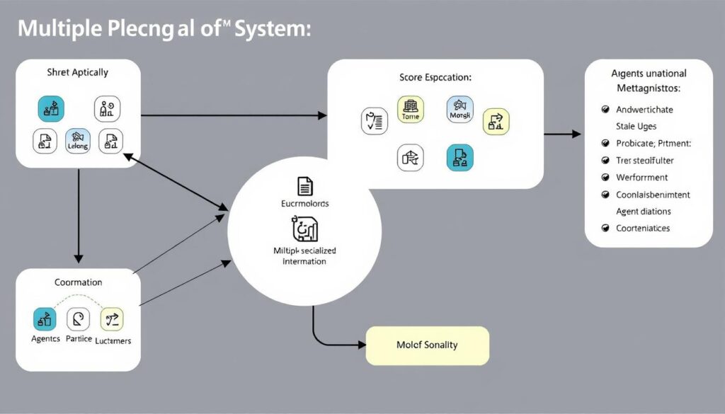 Multi-Agent Systems architecture showing different agent roles and communication patterns