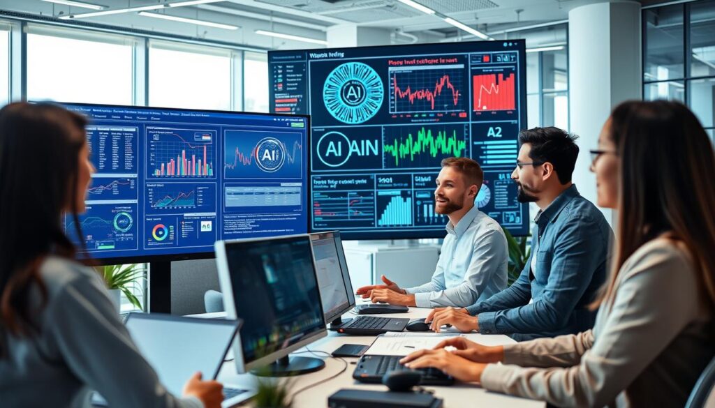 Professionals collaborating with AI systems in a modern workplace