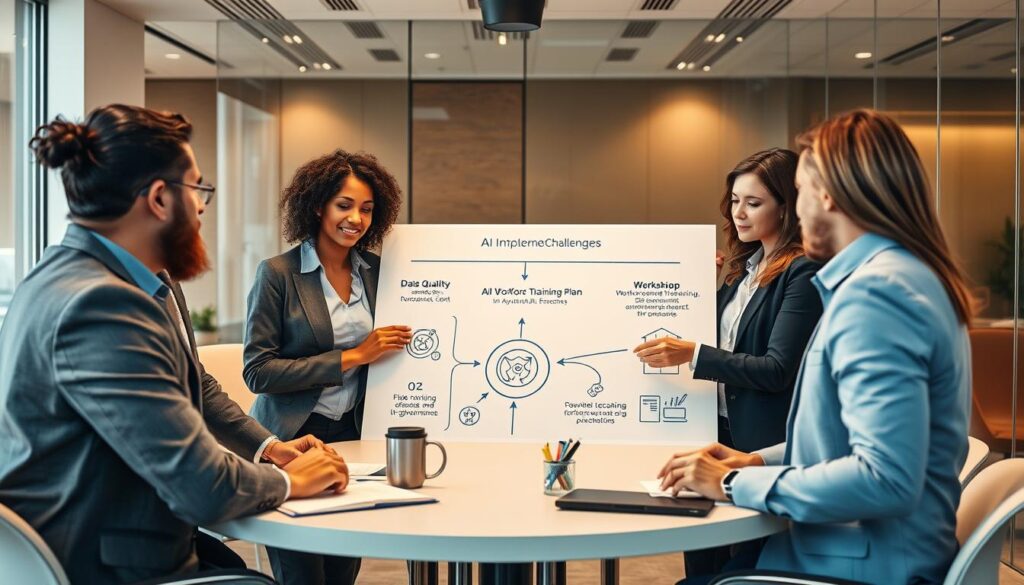 Team collaborating to overcome AI implementation challenges with strategic planning and change management