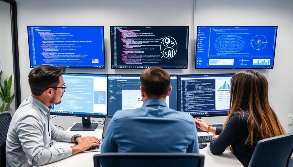 Team of developers implementing privacy-preserving AI techniques in a modern office environment