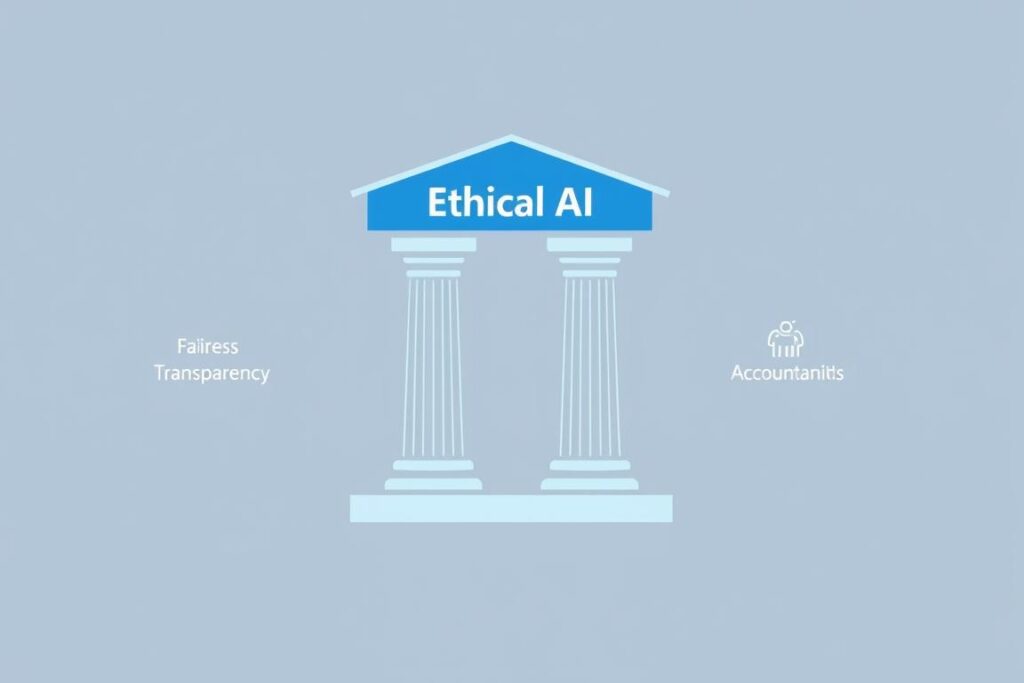 Visual representation of the four pillars of Ethical AI: fairness, transparency, accountability, and respect for human values