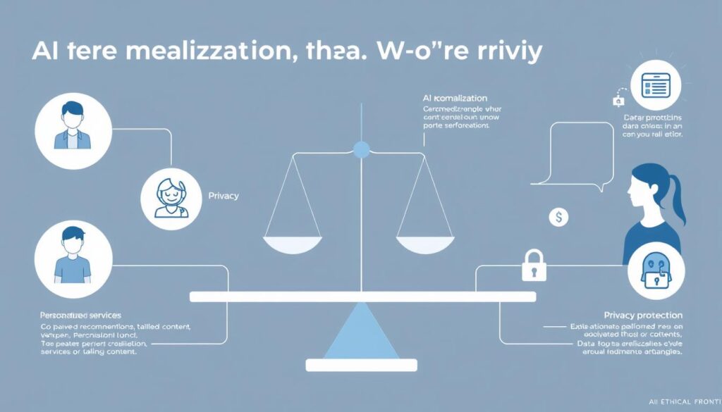 Visual representation of the tension between AI personalization and privacy, showing data flowing between personalized services and privacy protection barriers