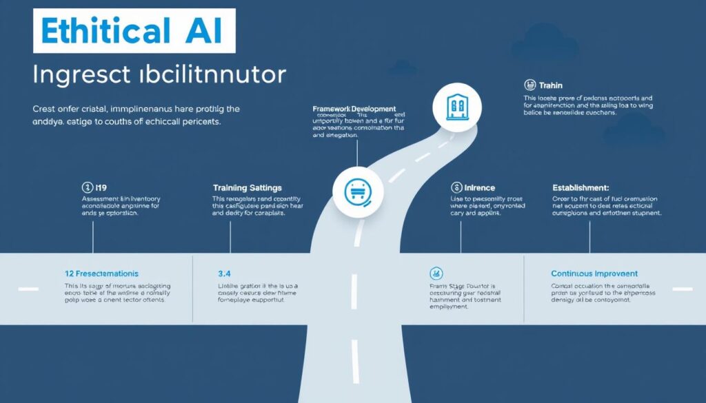 Visual roadmap for ethical AI implementation showing progressive stages from assessment to continuous improvement