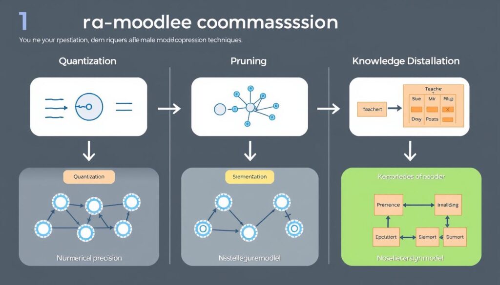 Visualization of model compression techniques including quantization, pruning, and knowledge distillation