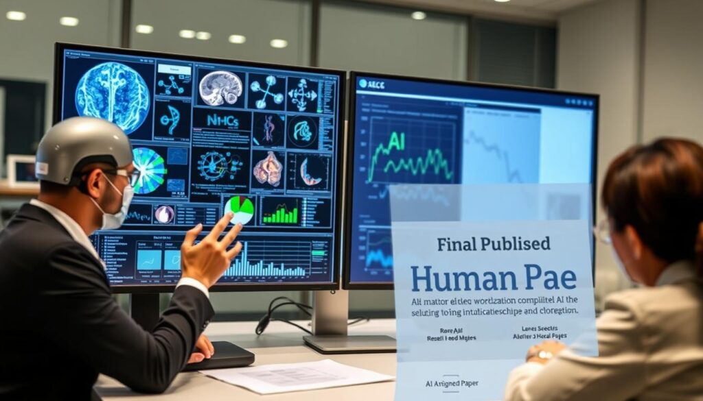 AI model co-authoring medical research paper with visualization of the collaboration between AI and human researchers