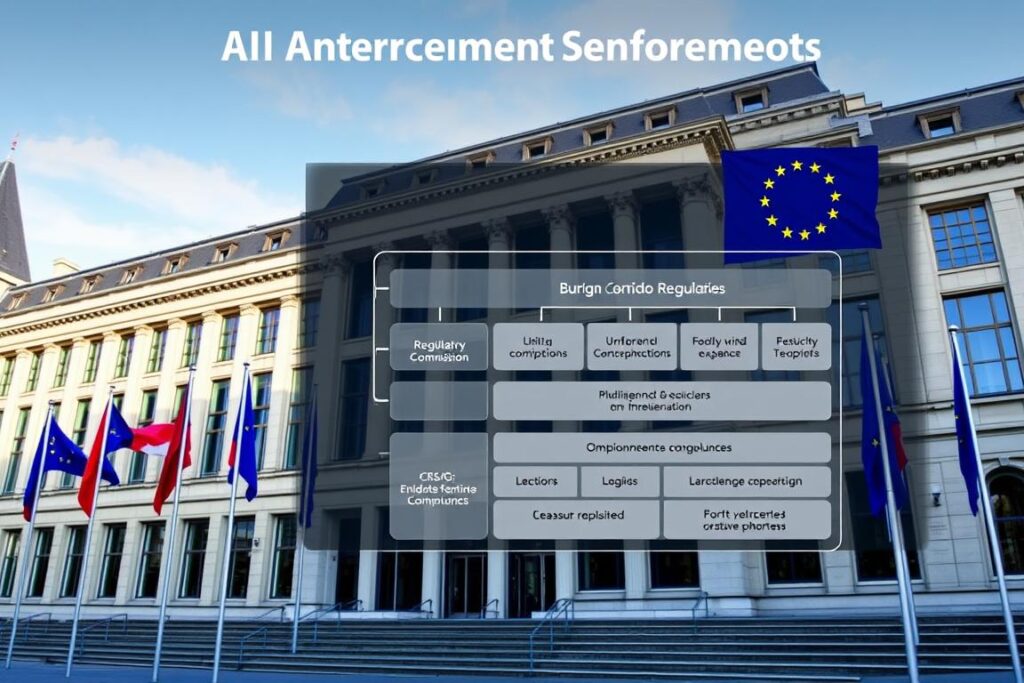 European Commission headquarters with AI Act enforcement visualization showing regulatory framework