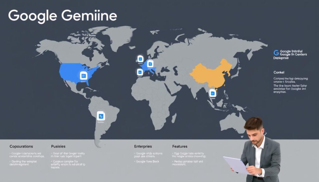 Google Gemini Enterprise global deployment visualization showing worldwide data centers and enterprise features