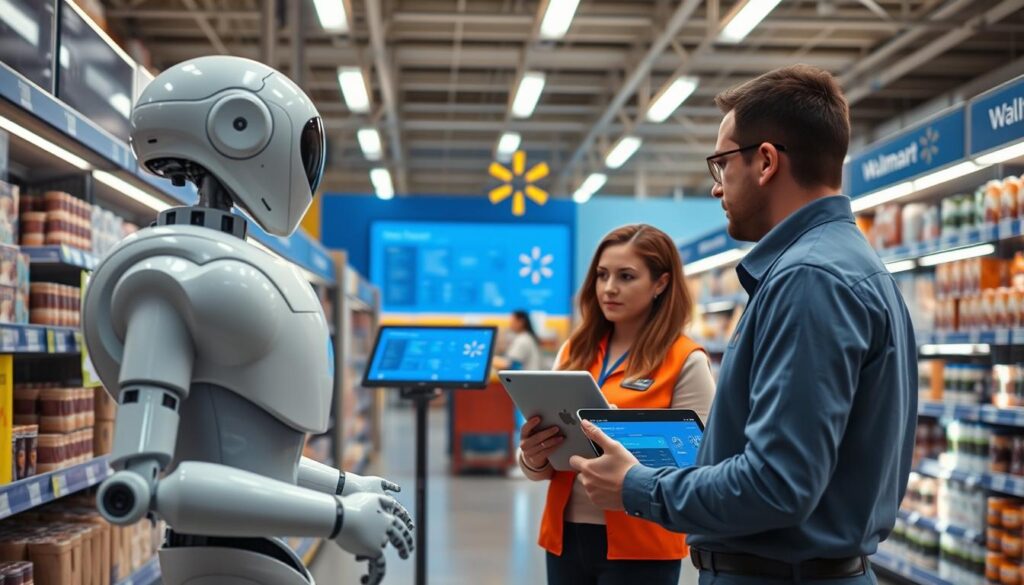 Walmart AI-powered inventory robots scanning store shelves and coordinating with warehouse systems