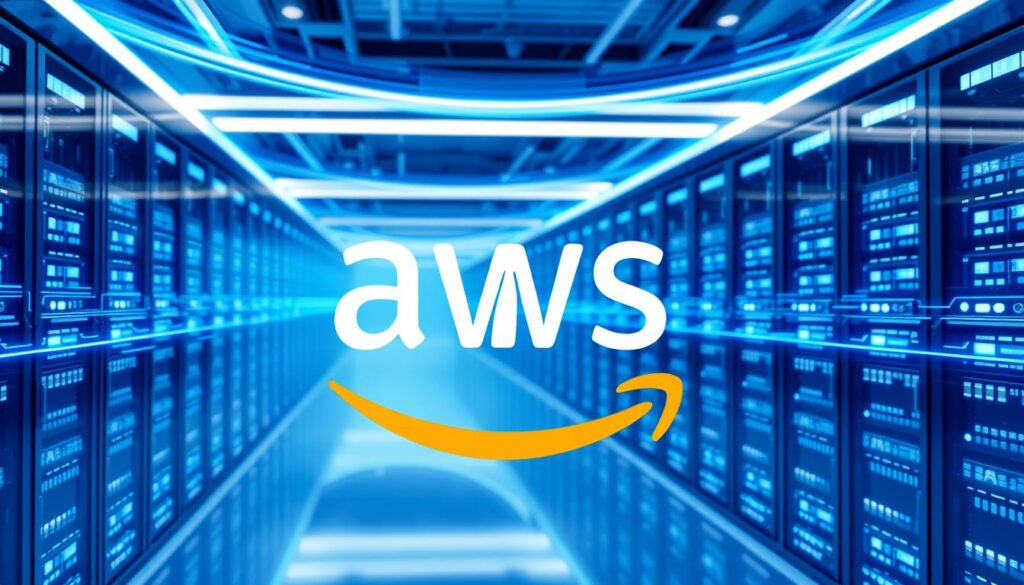 AWS logo with AI infrastructure visualization showing their commitment to AI success