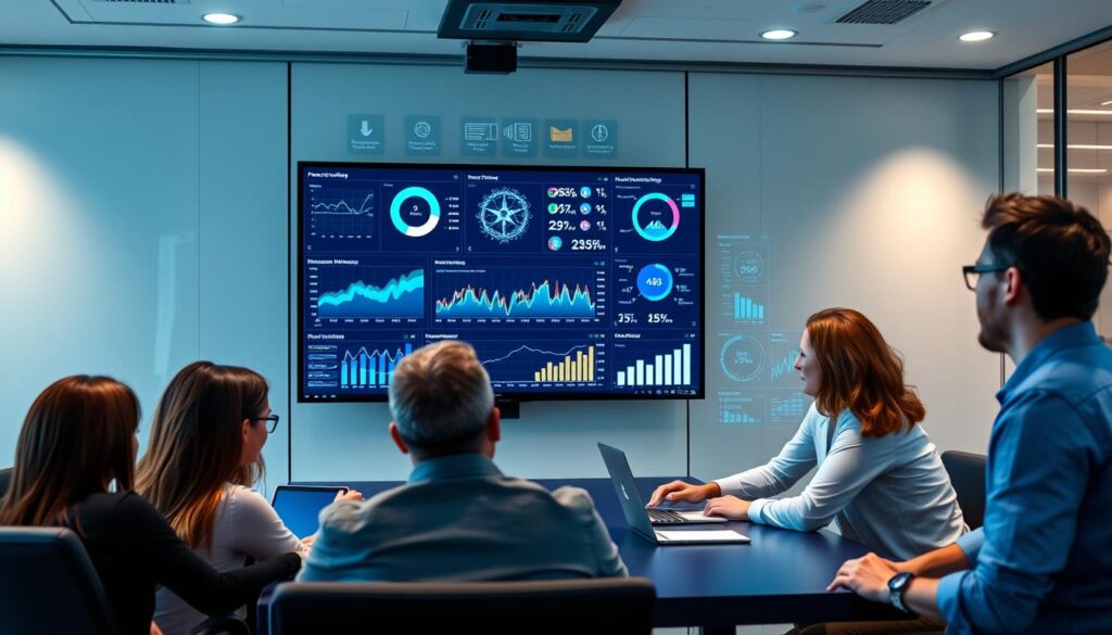 Business professionals analyzing AI-generated data visualizations in a meeting