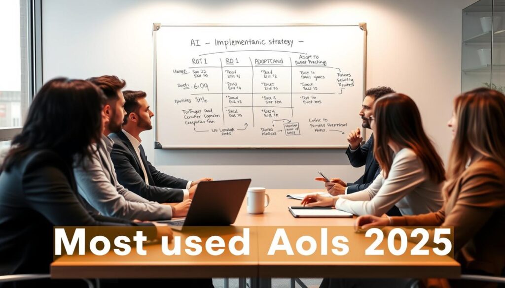 Business team discussing AI implementation strategy in a modern office