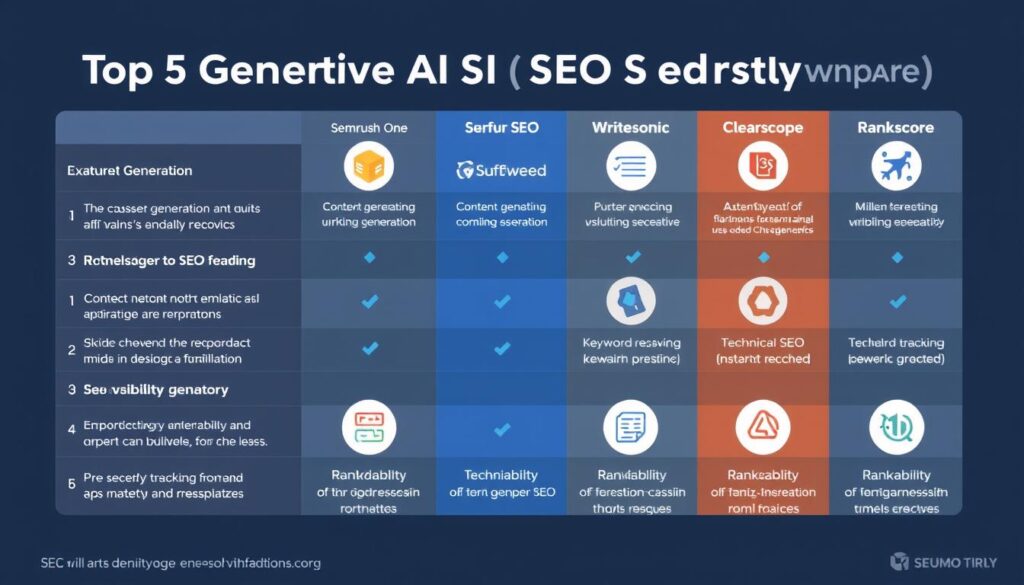 Comparison of top 5 generative AI SEO software tools showing their strengths across different features