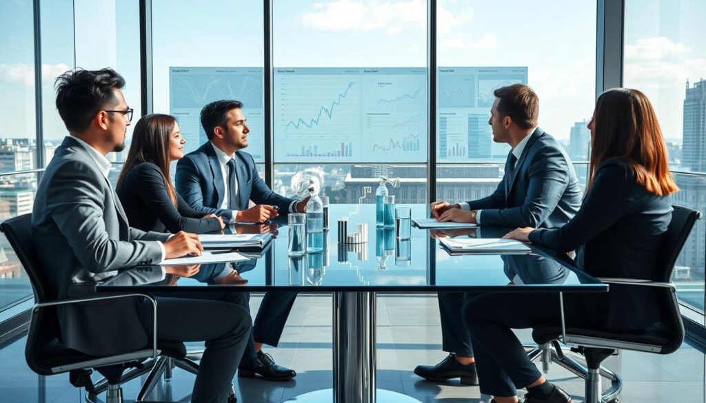 Corporate executives discussing AI strategy and investment returns in a modern boardroom