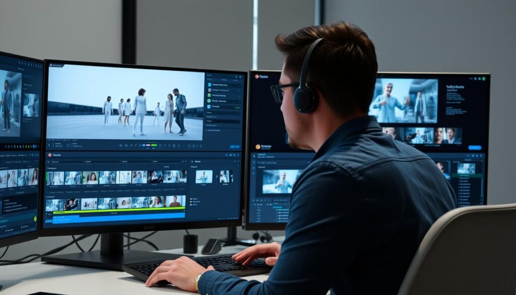 Designer using AI to generate professional video content on multiple screens