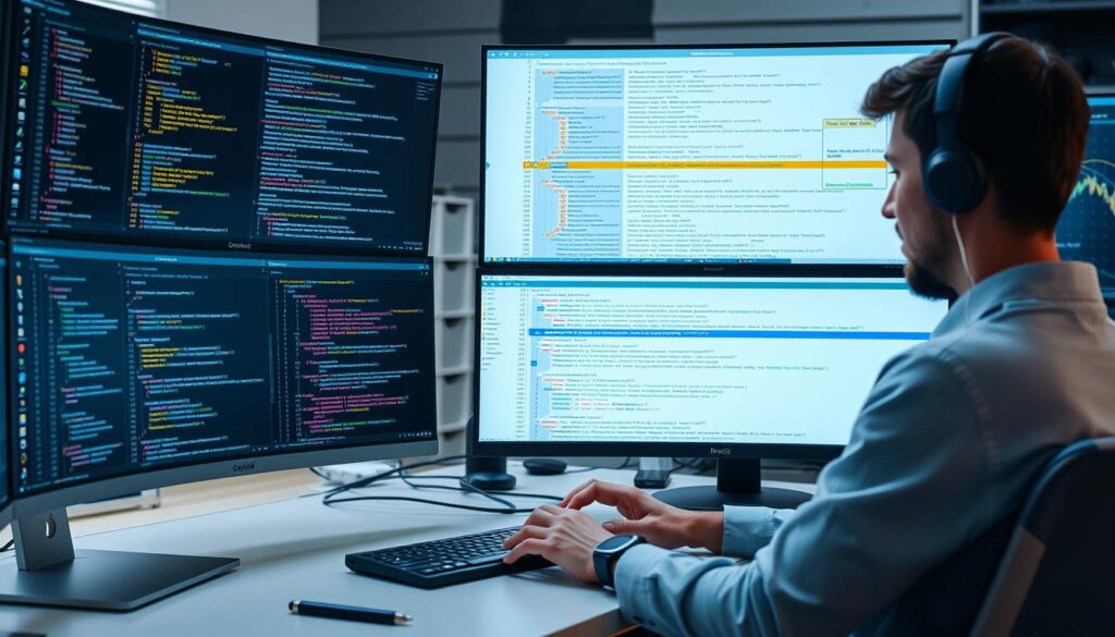 Developer working with AI coding assistant suggesting code completions