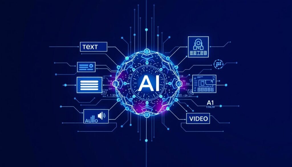 Futuristic visualization of multimodal AI processing different types of data