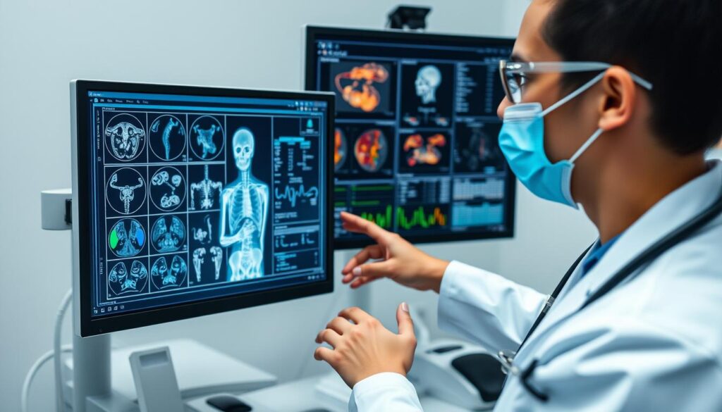 Healthcare professional using AI diagnostic tool with patient data