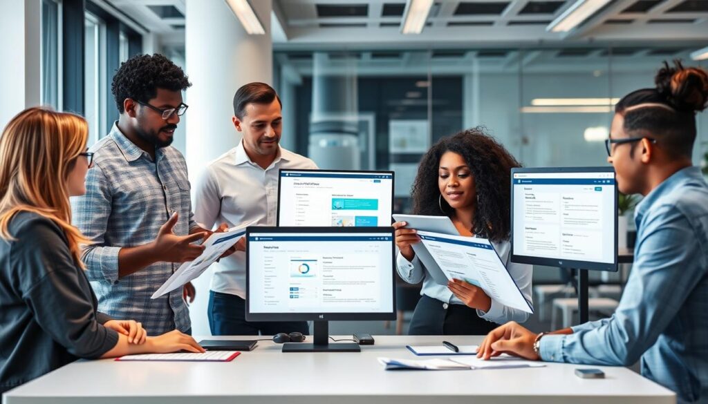 Marketing team evaluating different generative AI SEO software tools for their business