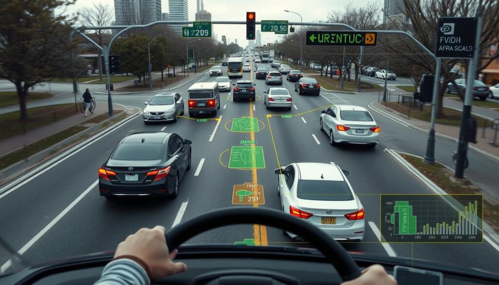 NVIDIA's Alpamayo-R2 model analyzing a complex driving scenario with multiple vehicles and pedestrians