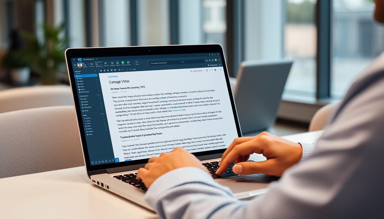 Person using an AI writing assistant on a laptop with text being generated on screen