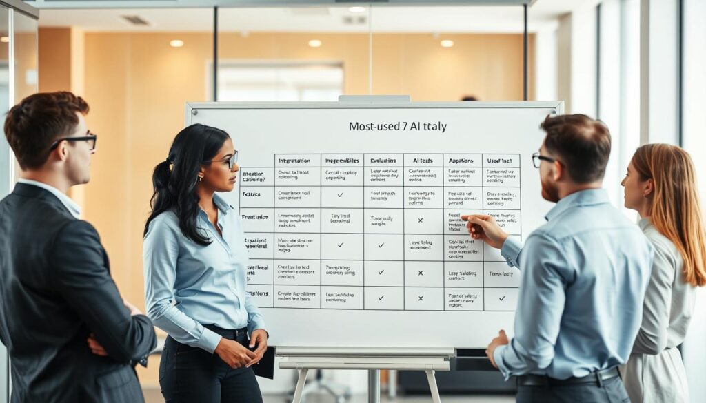 Team evaluating AI tools with comparison matrix on whiteboard