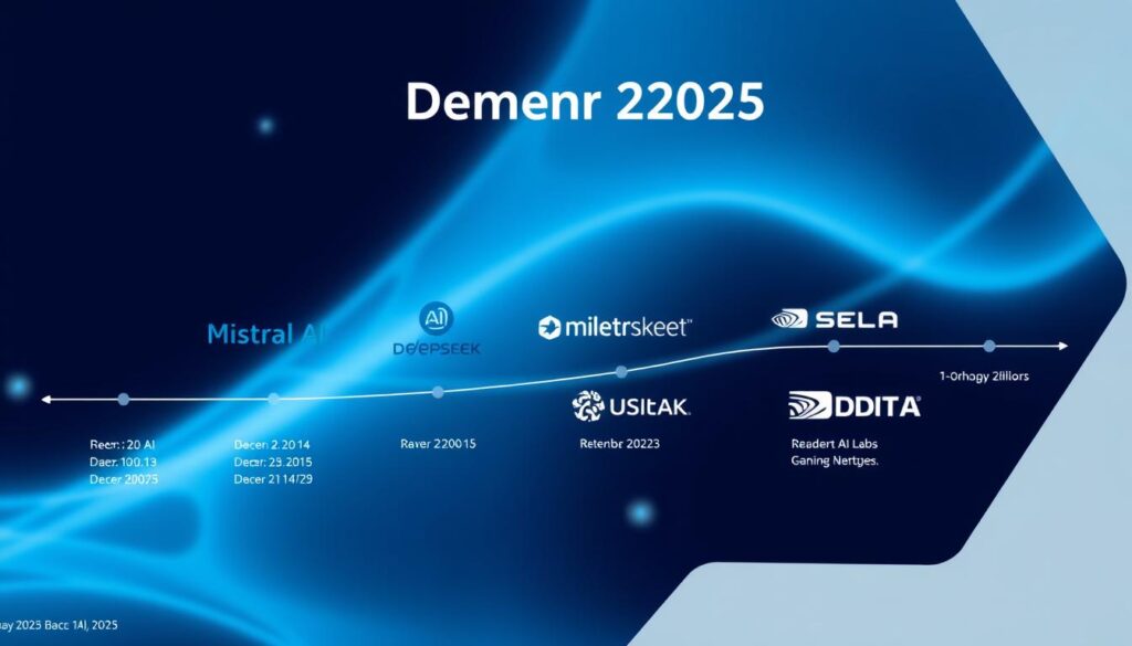 Visualization of new AI model releases December 2025 showing logos of major AI labs including Mistral, DeepSeek, and NVIDIA
