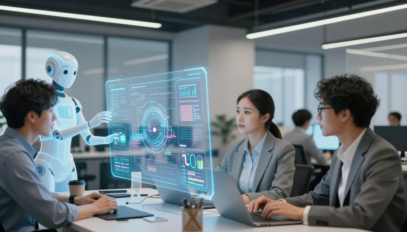 AI agents collaborating with humans in a futuristic workspace with holographic interfaces showing AI Predictions for 2026