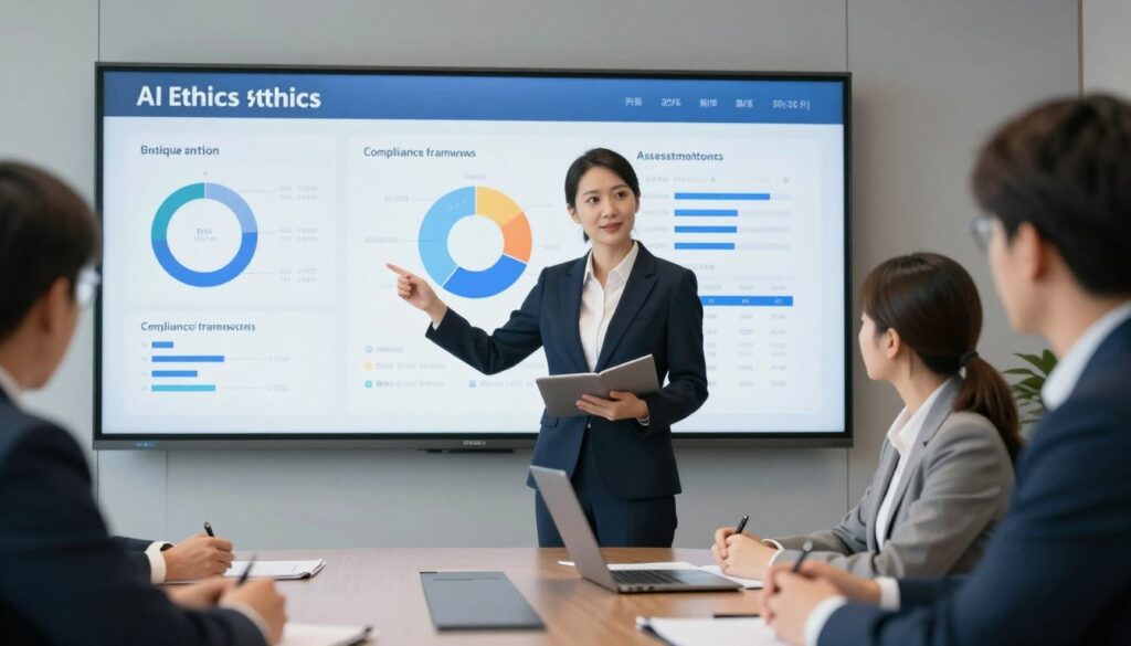 AI ethics advisor reviewing artificial intelligence systems for ethical compliance