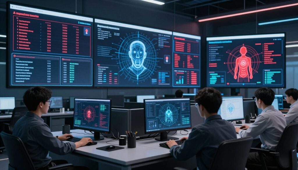 Advanced AI security operations center with threat detection systems showing AI Predictions for 2026 in security