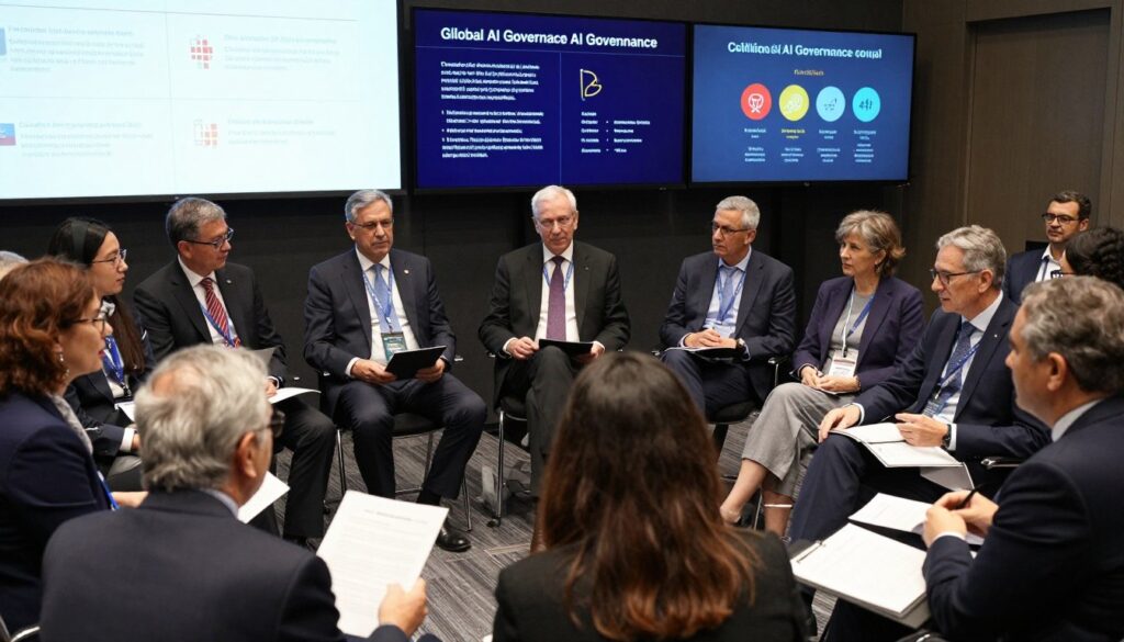 Global AI governance summit with diverse stakeholders showing AI Predictions for 2026 for policy