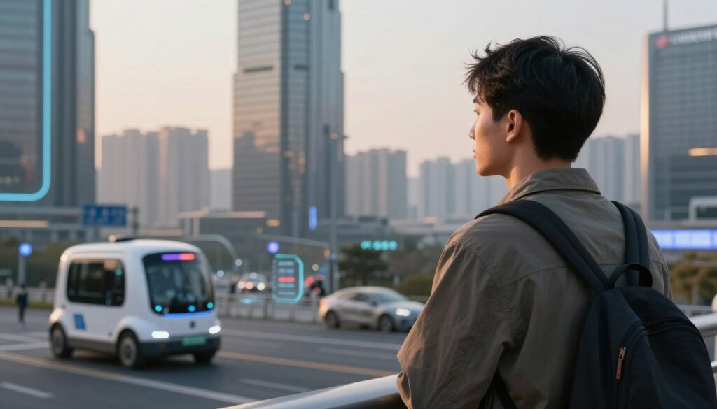 Person looking toward futuristic cityscape transformed by AI showing AI Predictions for 2026 vision