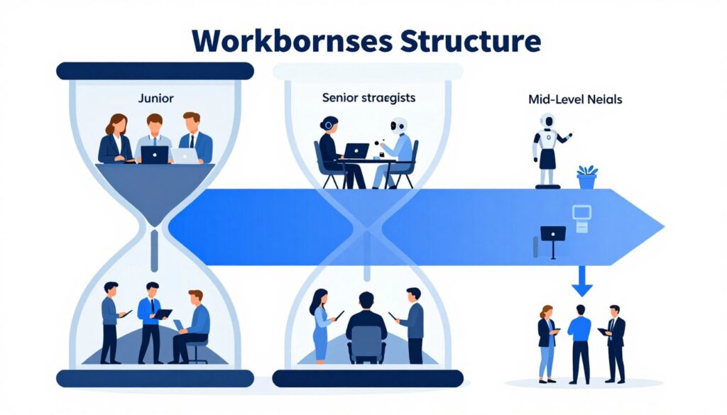 Visualization of the changing workforce structure with AI Predictions for 2026 showing an hourglass shape