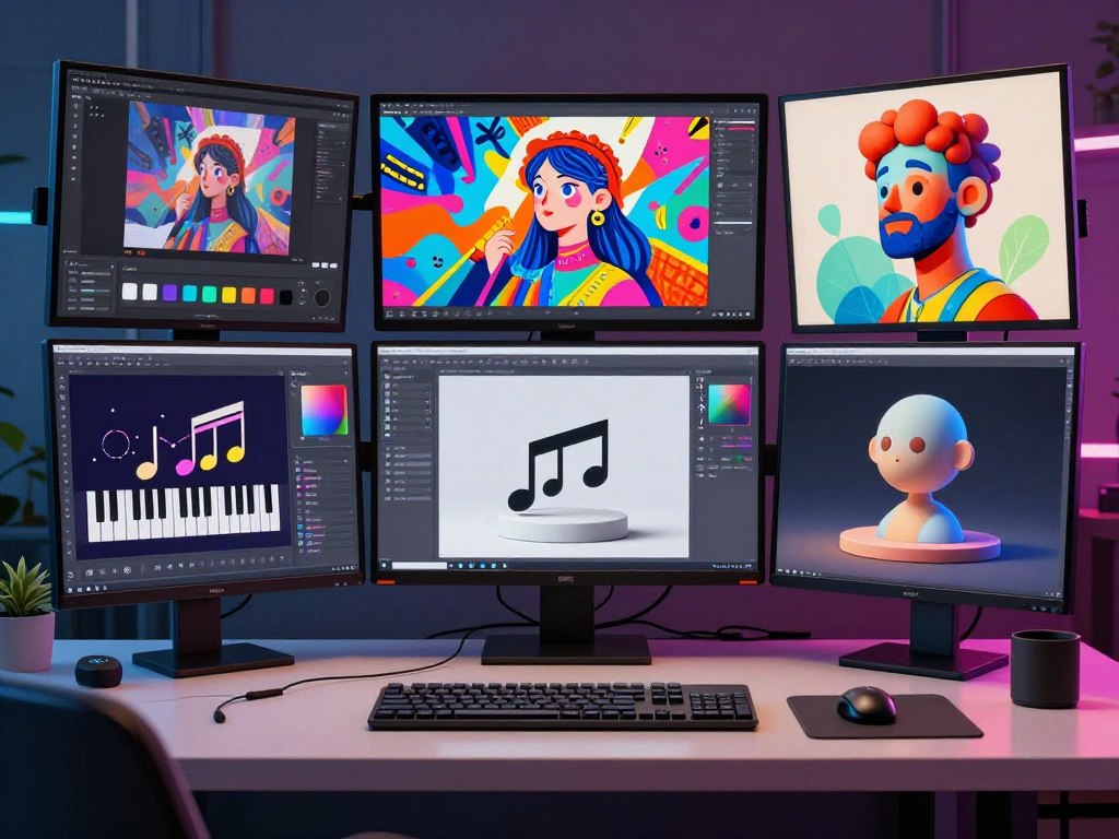 CreativeForge AI generating multiple creative assets across different mediums simultaneously