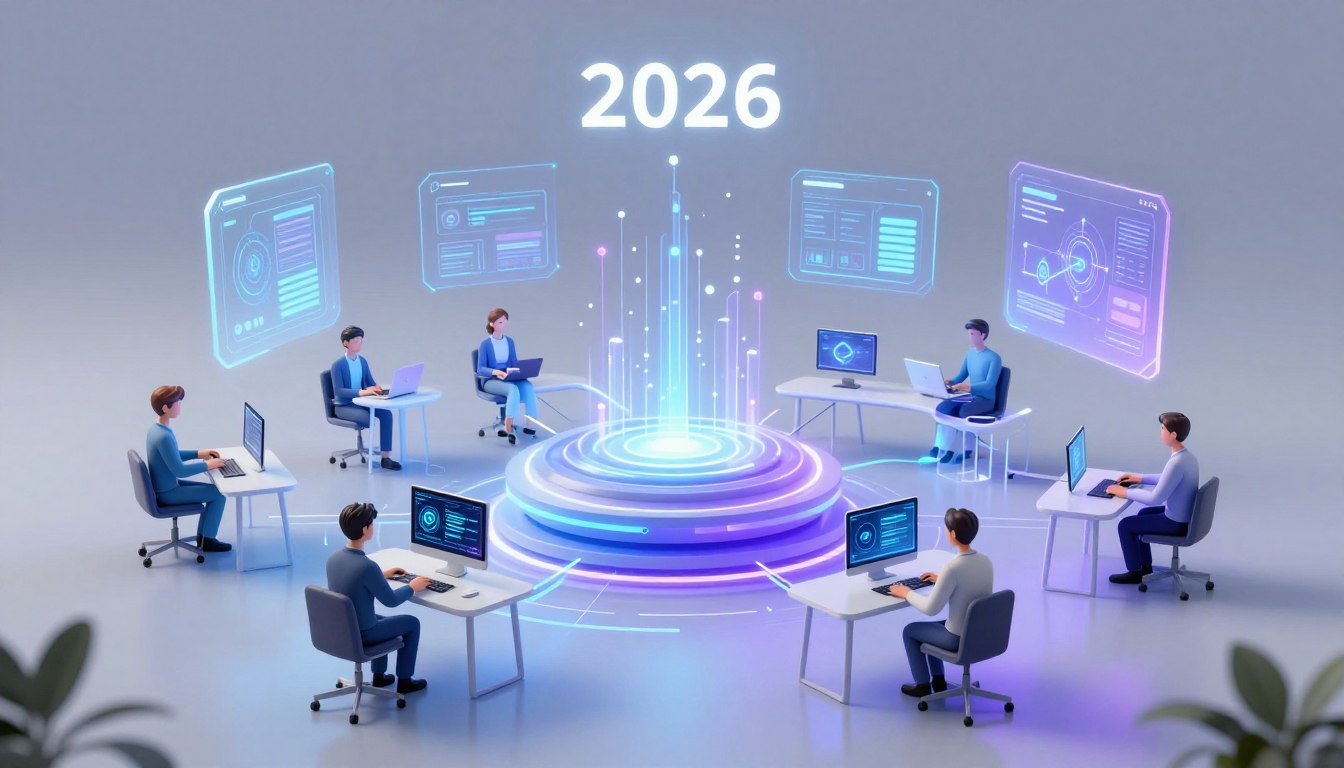 Futuristic visualization of the AI landscape in 2026 showing interconnected tools and systems