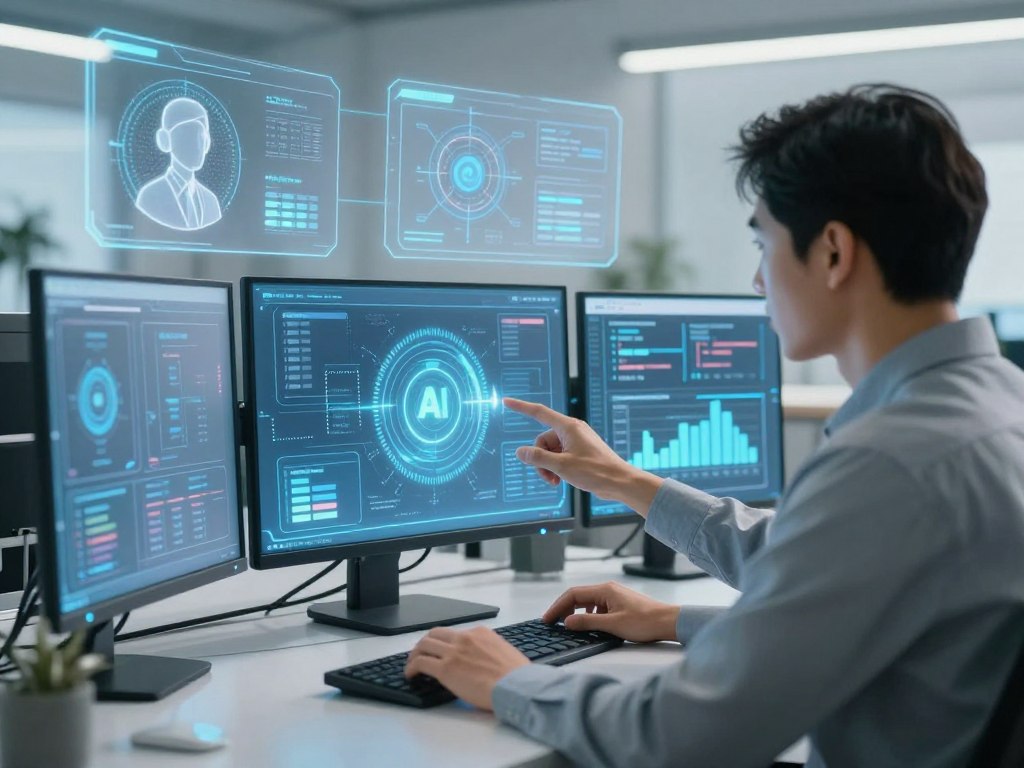 Professional collaborating with AI systems in a futuristic workspace