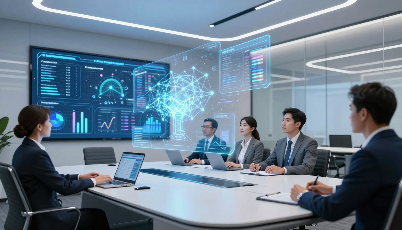 AI Business Trends 2026 futuristic dashboard showing data analytics and automation